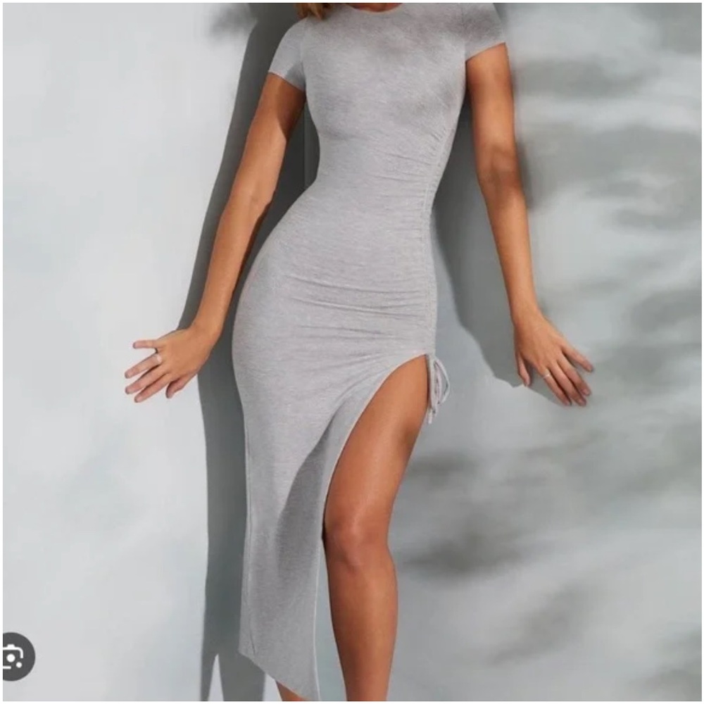 Oh Polly Gray Ruched maxi dress with slit